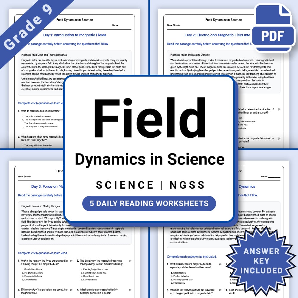 Grade 9 Science daily reading worksheet worksheet — Grade 9 Science – Field Dynamics Worksheet(PDF + Answer Key) — page 1