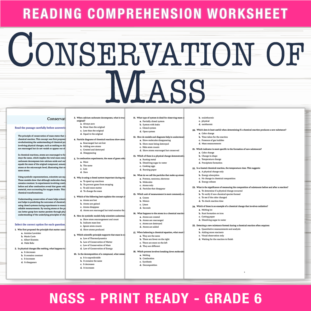 Grade 6 Science worksheet worksheet — 6th Grade Science | Conservation of Mass Worksheet (PDF + Answer Key) — page 1