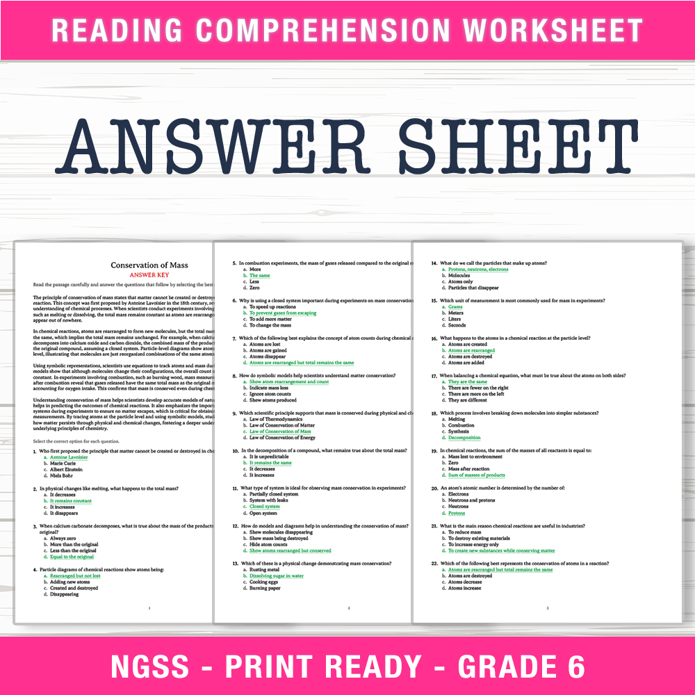 Grade 6 Science worksheet worksheet — 6th Grade Science | Conservation of Mass Worksheet (PDF + Answer Key) — page 2