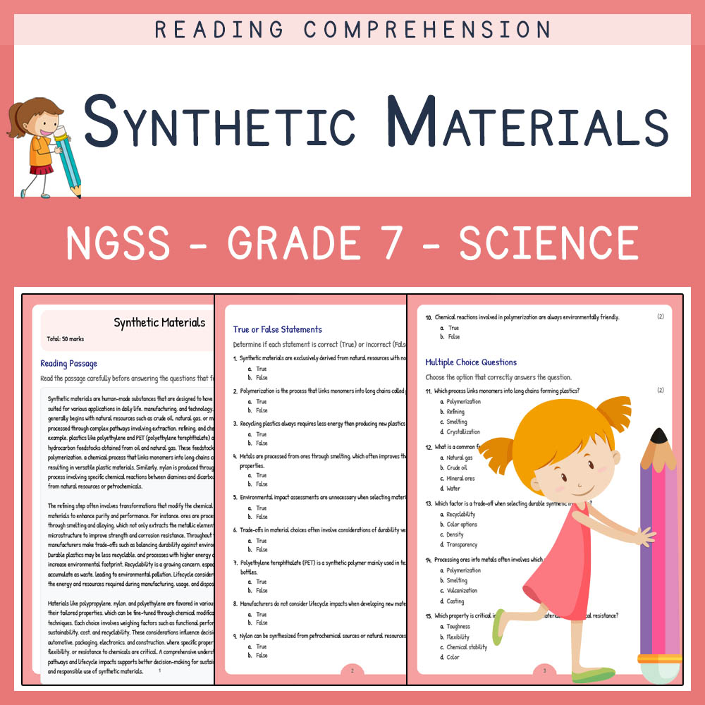 Grade 7 Science worksheet worksheet — Grade 7 Science | Synthetic Materials Worksheet & Answer Key (NGSS Aligned) — page 1