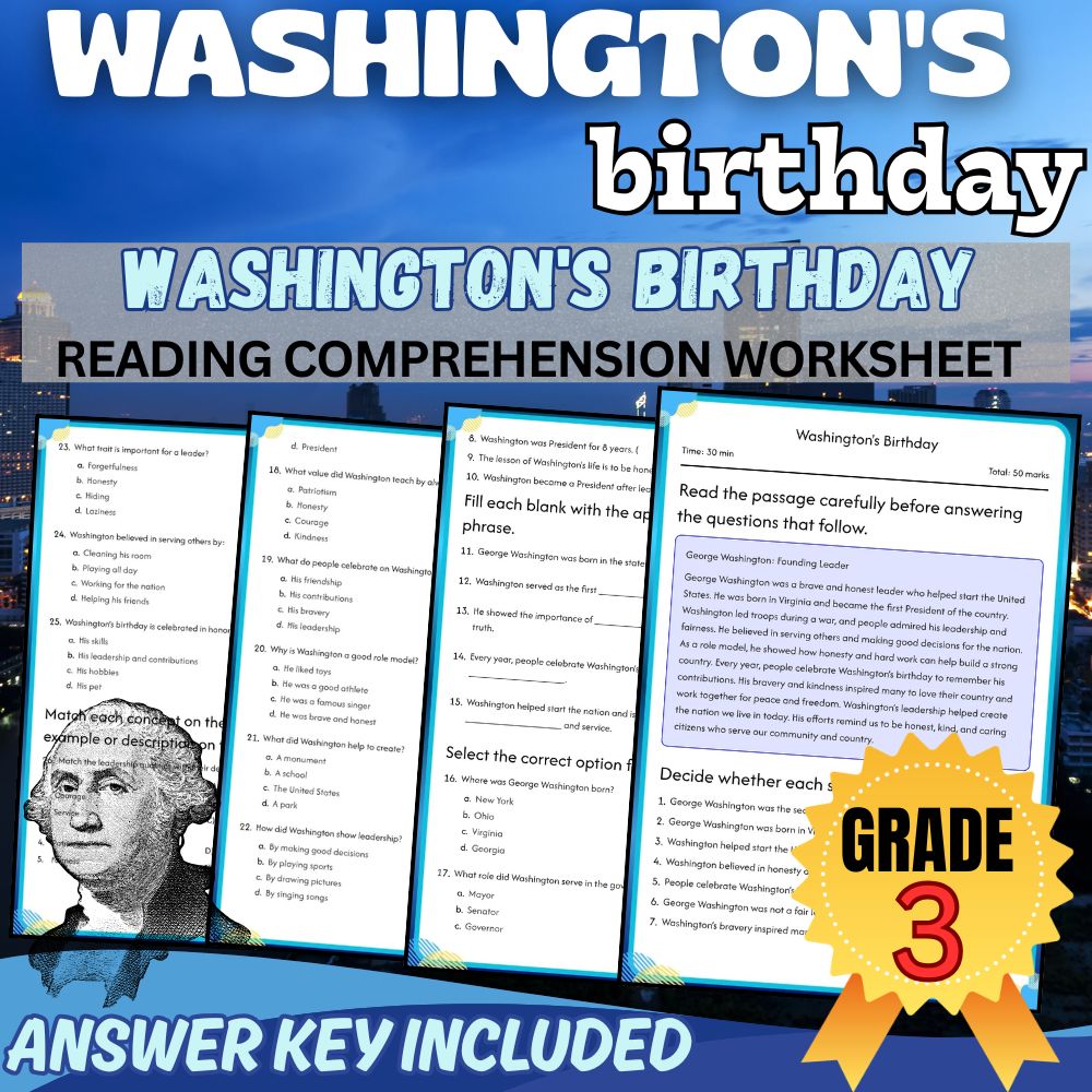 Grade 3 | Washington's Birthday Worksheet for Mastery | PDF + Answer Key