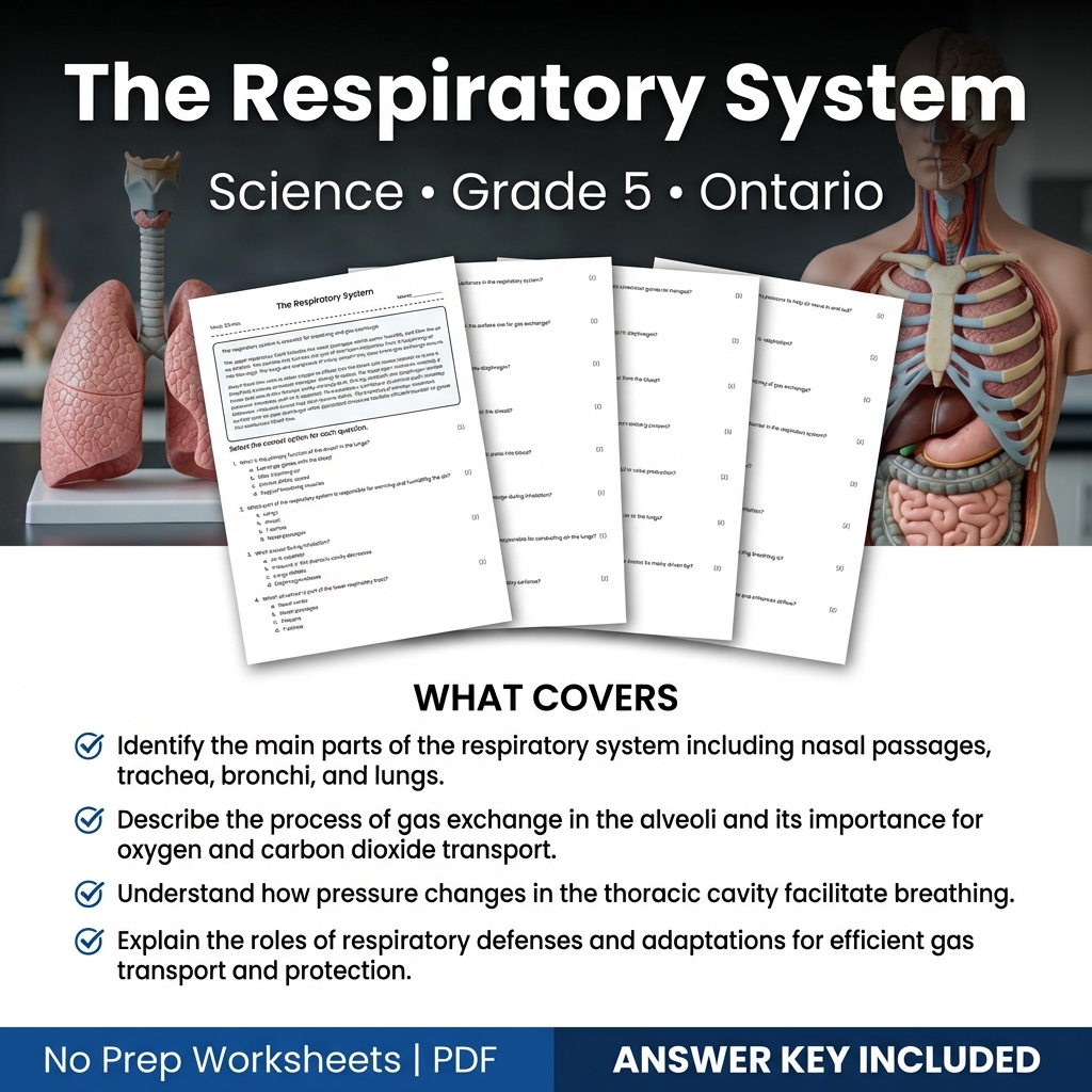 Grade 5 Science Worksheet on The Respiratory System | Ontario Standards