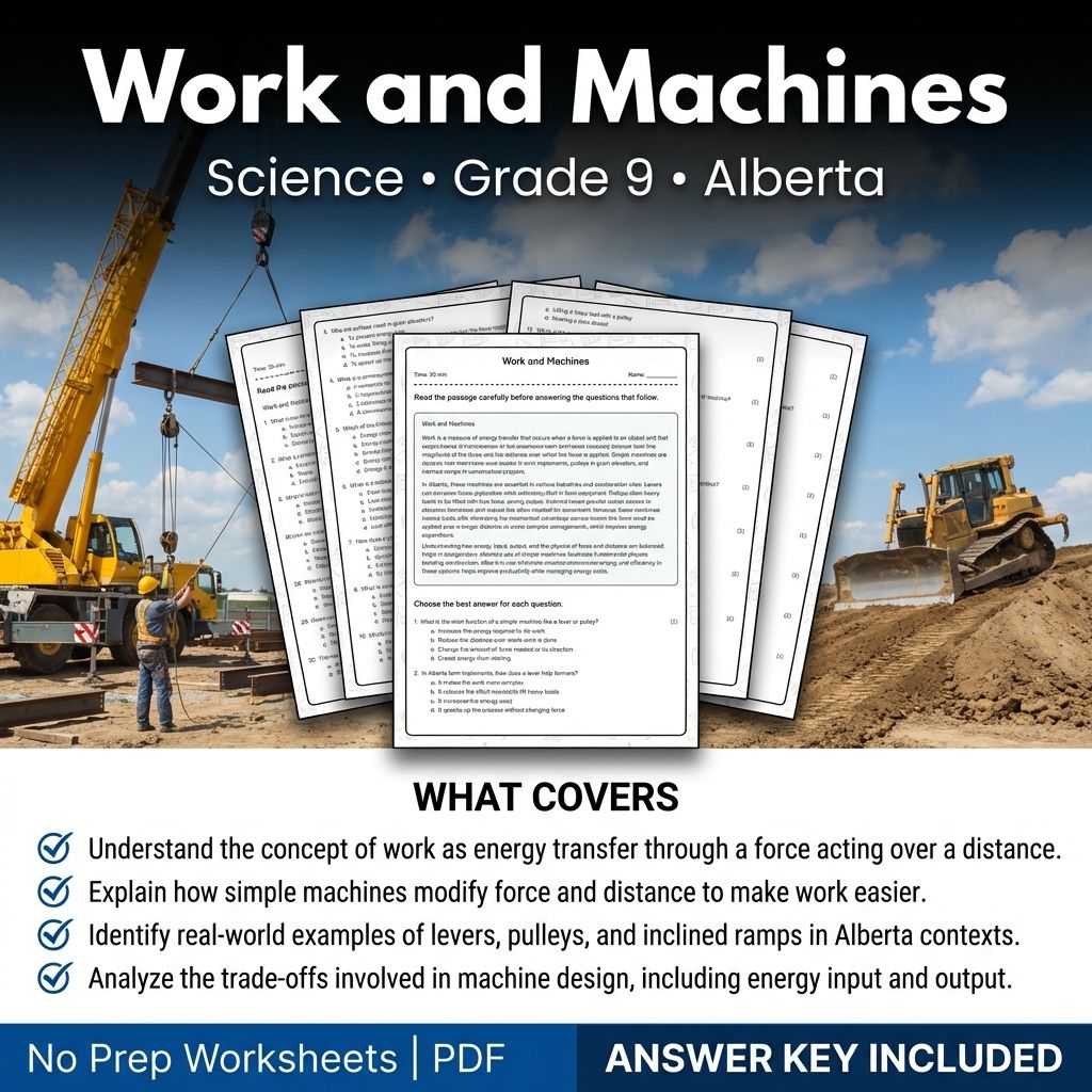 Work and Machines Grade 9 Science Worksheet | Alberta Standards