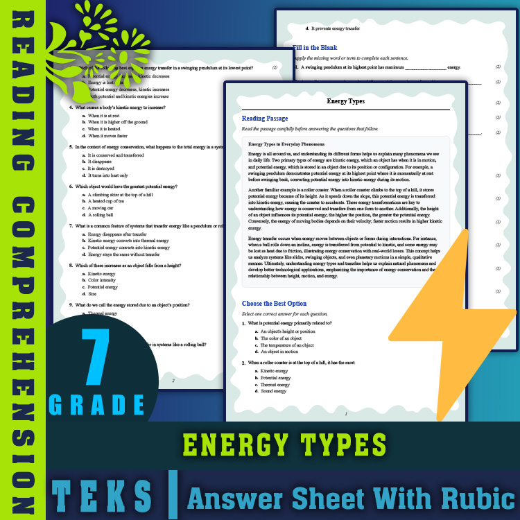 Grade 7 Science reading worksheets worksheet — 7th Grade Science | Energy Types Reading Worksheets (PDF + Answer Key) — pa…