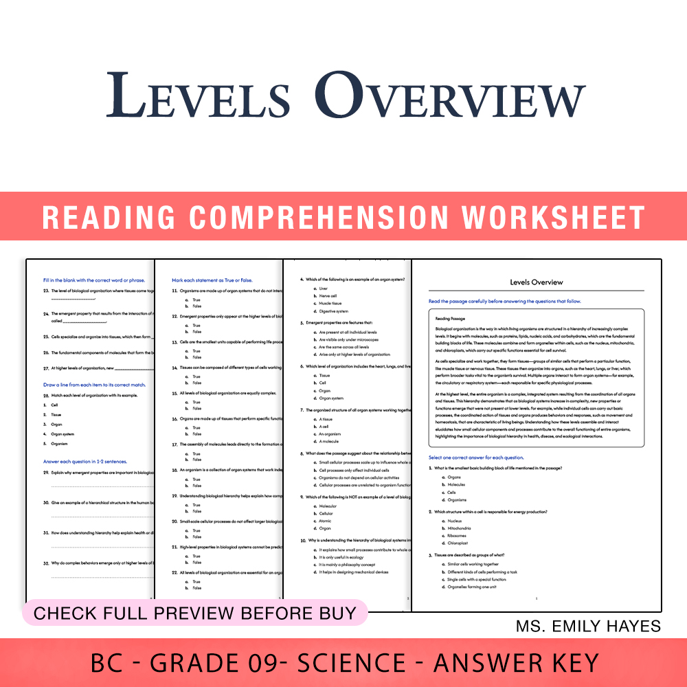Grade 9 Science worksheet worksheet — 9th Grade Science | Levels of Biological Organization Worksheet(PDF+ Answer Key) — p…