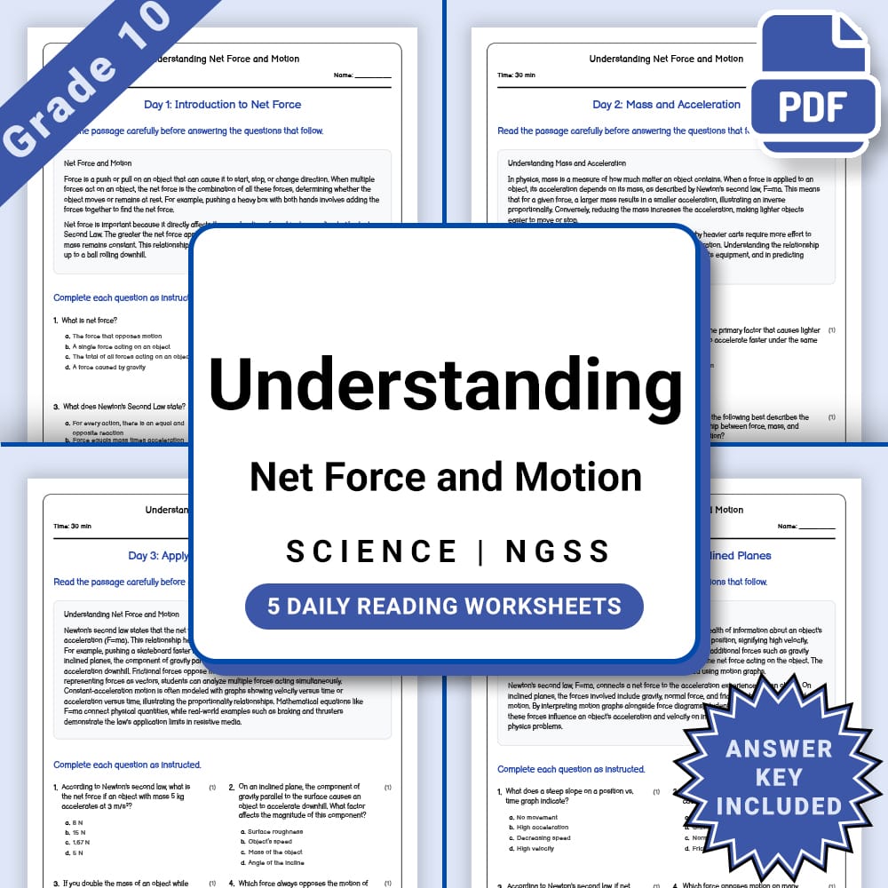 Grade 10 Science daily reading worksheet worksheet — Grade 10 Science – Understanding Net Force and Motion Worksheet(PDF +…
