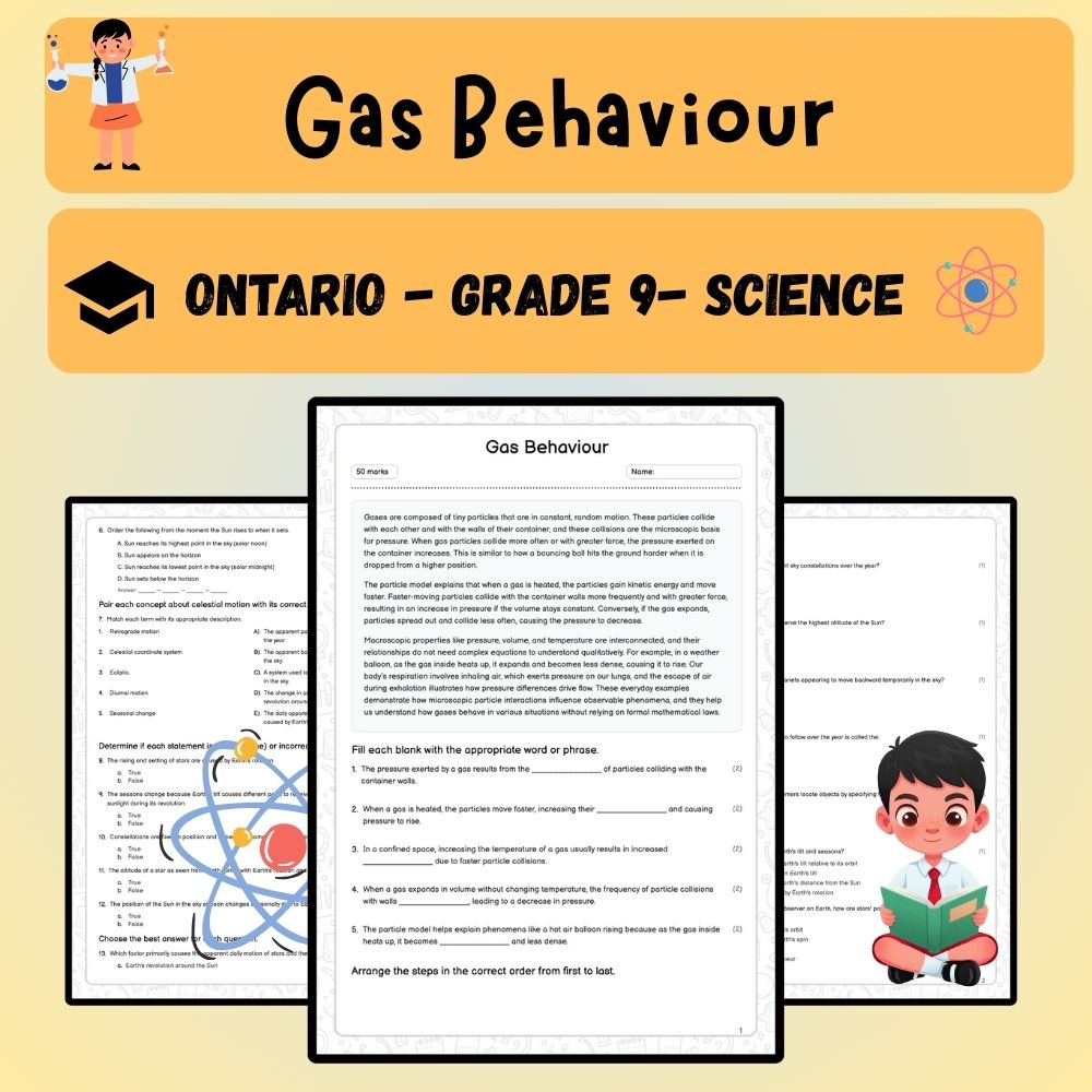 Grade 9 Science worksheet worksheet — Grade 9 Science | Gas Behaviour Worksheet (Answer Key) - Ontario Standard — page 1