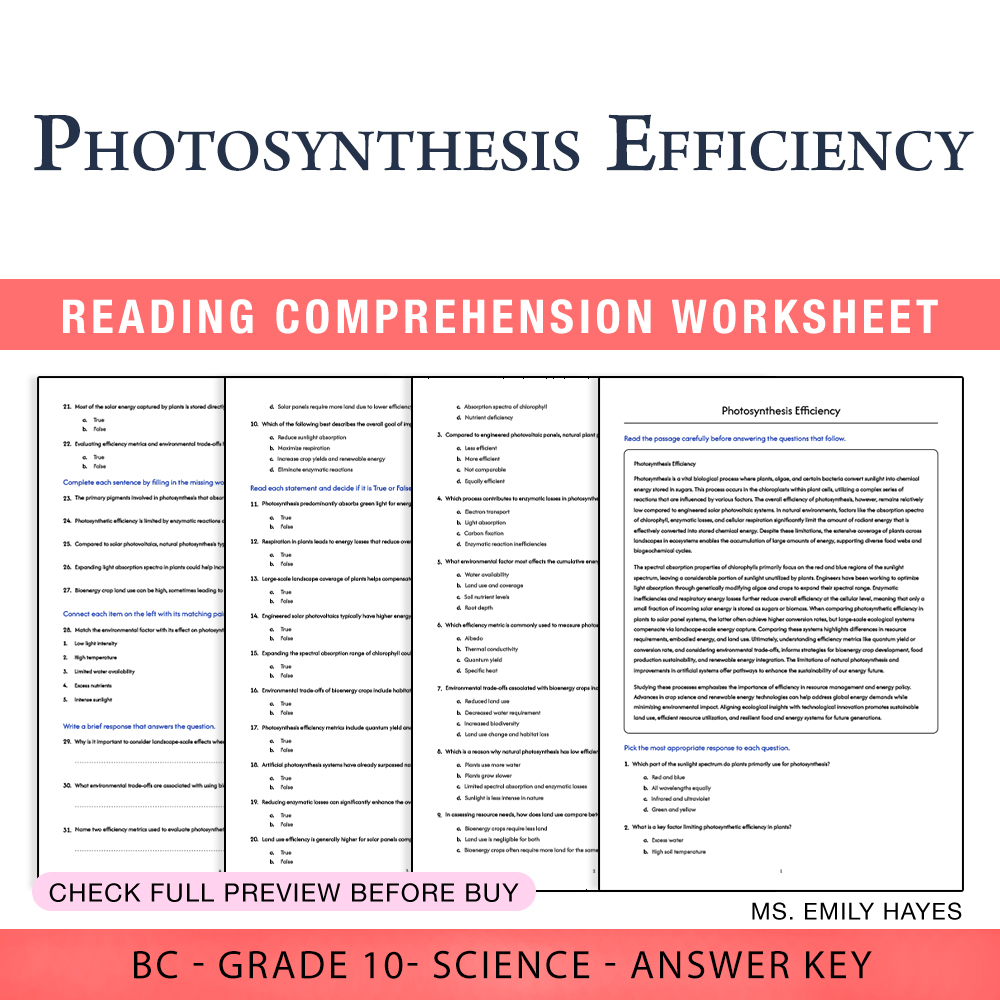 Grade 10 Science worksheet worksheet — Grade 10 Science | Photosynthesis Efficiency Worksheet (PDF + Answer Key) — page 1