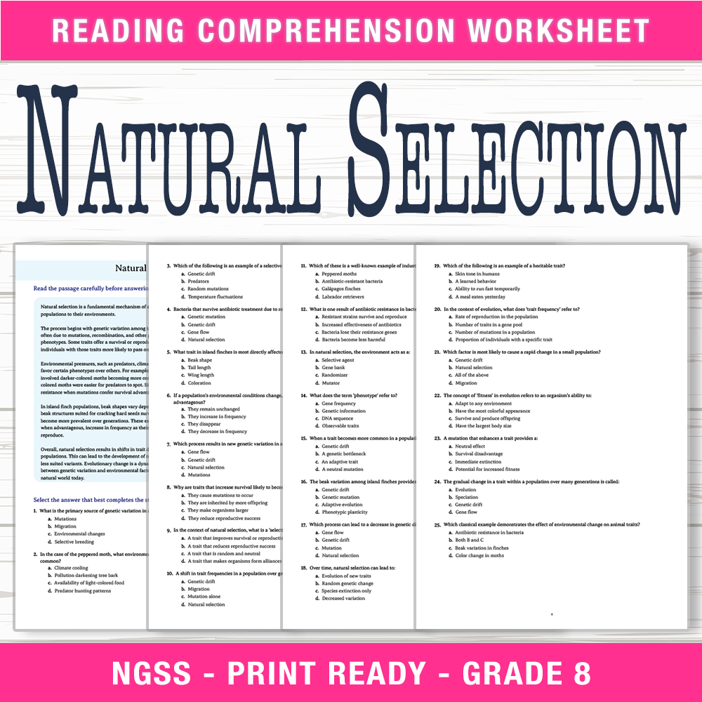 Grade 8 Science worksheet worksheet — Grade 8 Science | Natural Selection Worksheet (PDF + Answer Key) — page 1
