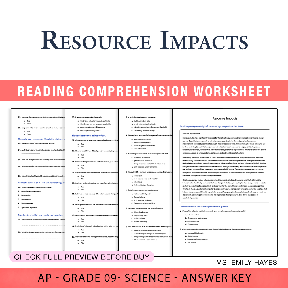 Grade 9 Science worksheet worksheet — Grade 9 Science | Resource Impacts Worksheet (PDF+ Answer Key) — page 1
