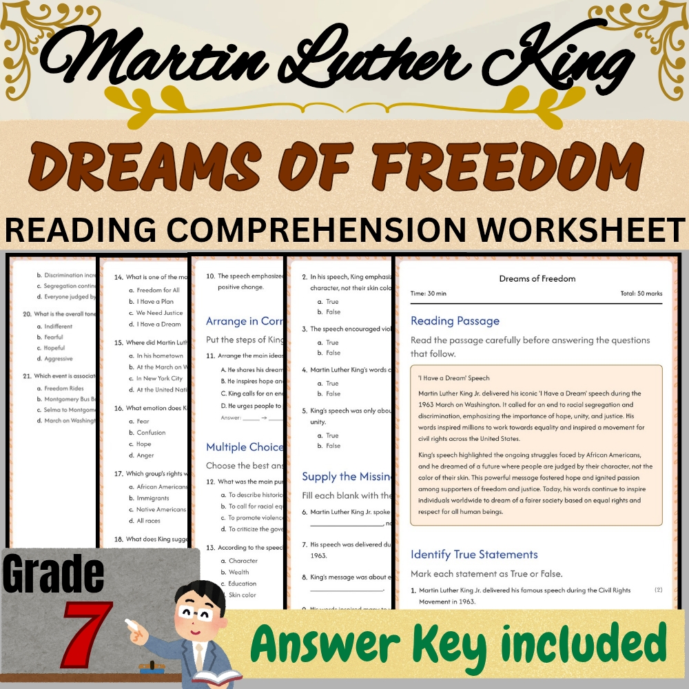 Grade 7 | Martin Luther King 'Dreams of Freedom' Worksheet | PDF + Answer Key