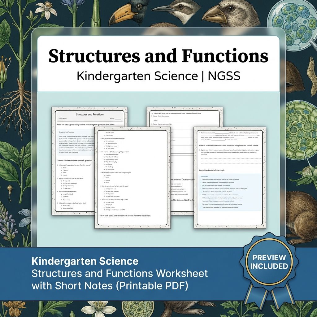 Kindergarten Science Structures and Functions Worksheet with Short Notes (PDF)