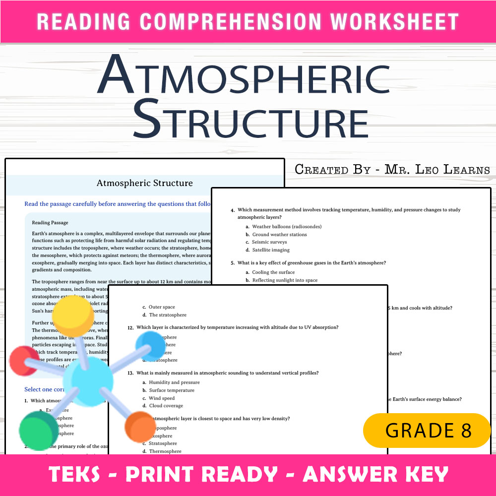 Grade 8 Science worksheet worksheet — Grade 8 Science – Atmospheric Structure Worksheet for Mastery — page 1