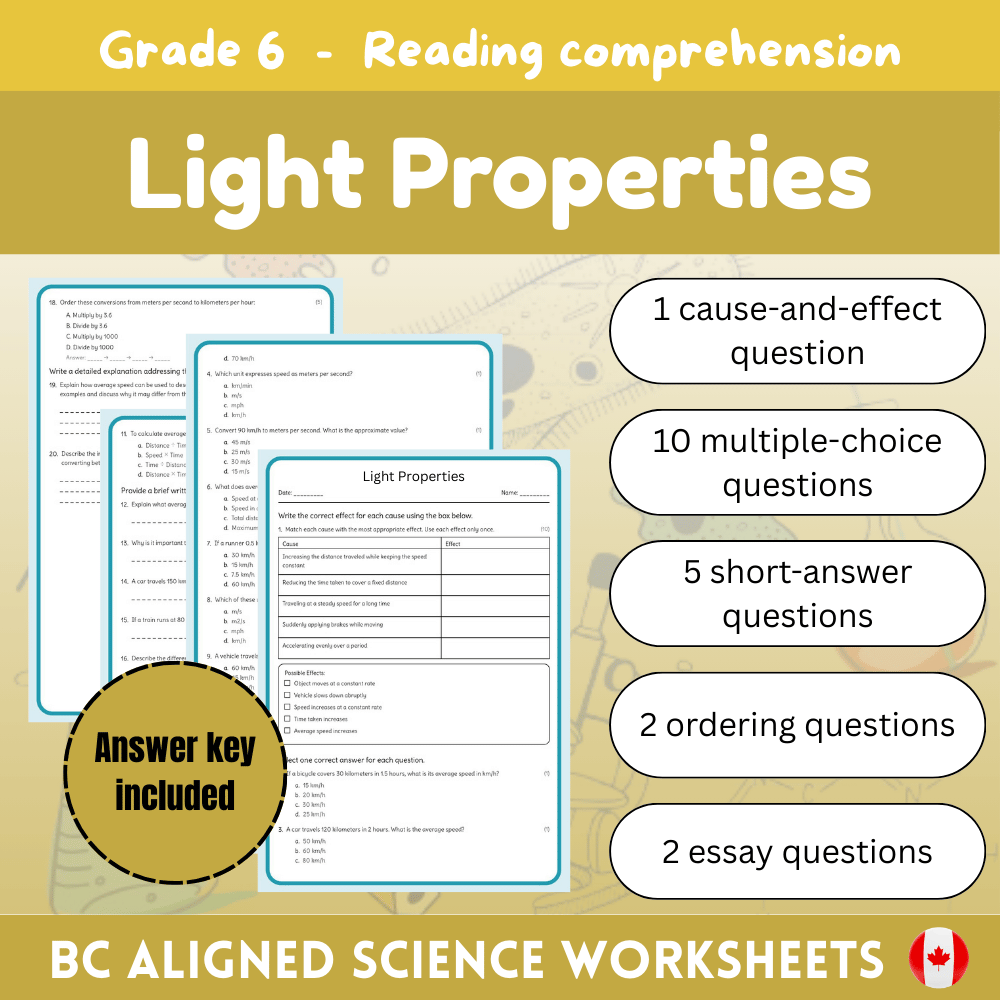 Grade 6 Science | Light Properties Worksheet (Answer Key) BC Standards