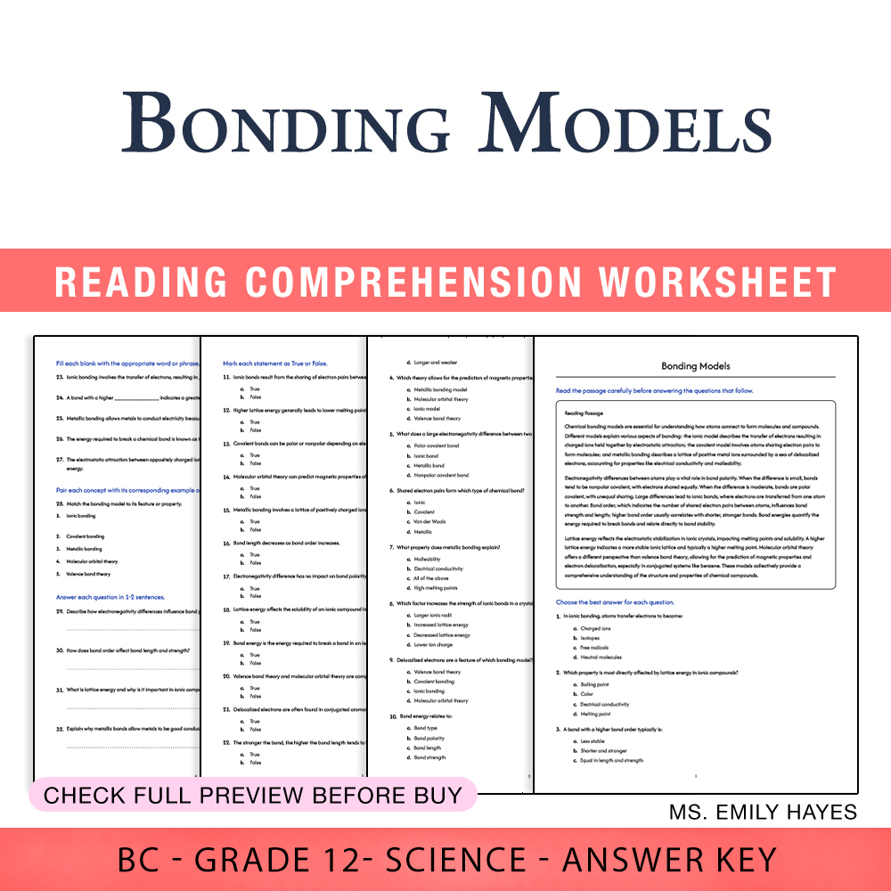 Grade 12 Science worksheet worksheet — 12th Grade Science | Bonding Models Worksheet (PDF + Answer Key) — page 1