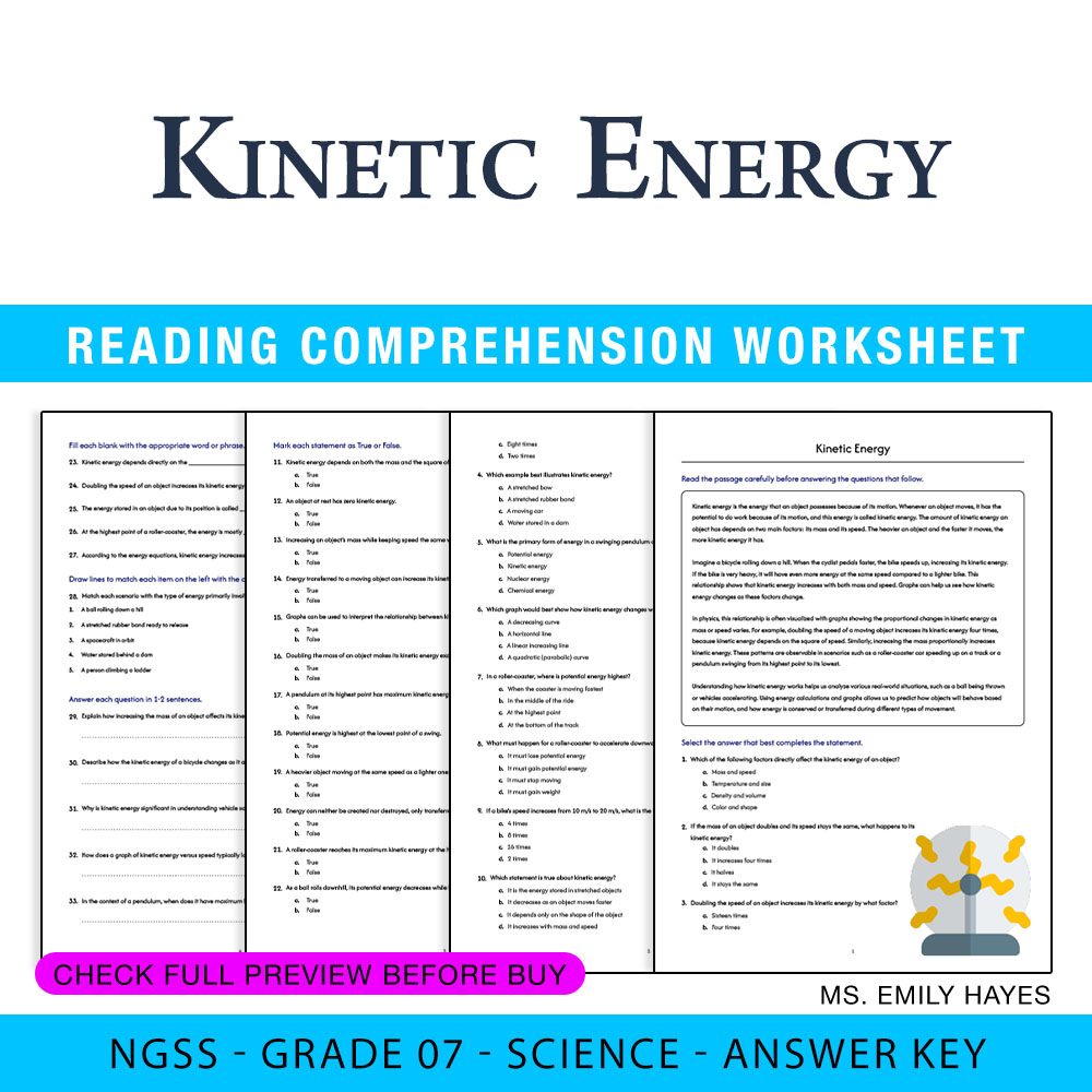 Grade 7 Science worksheet — 7th Grade Science | Kinetic Energy Worksheet (PDF+ Answer Key) — page 1