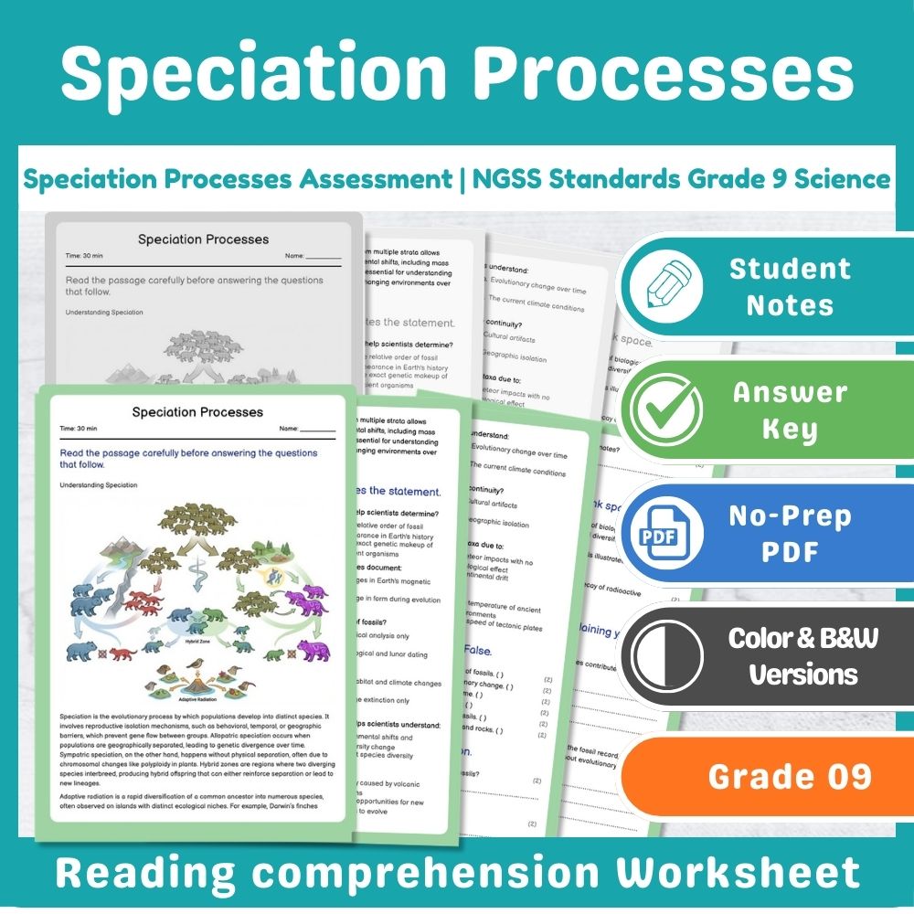 Speciation Processes Assessment | NGSS Standards Grade 9 Science