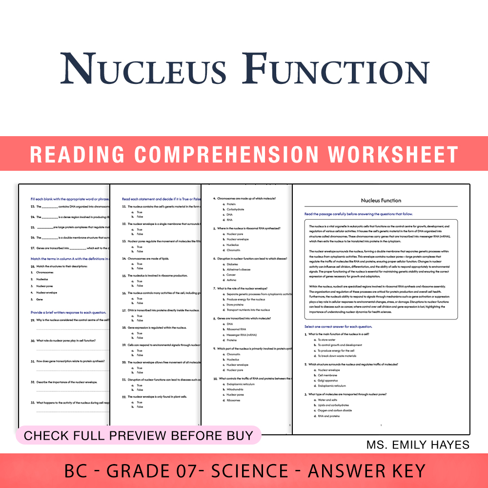 Grade 7 Science worksheet worksheet — Grade 7 Science | Nucleus Function Worksheet (PDF+ Answer Key) — page 1