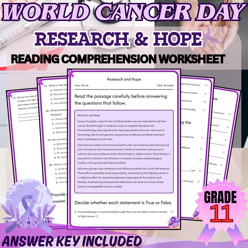 Grade 11 World Cancer Day Worksheet for Mastering Research & Hope|PDF+Answer Key