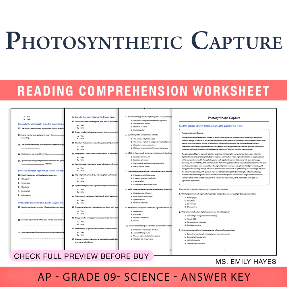 Grade 9 Science worksheet worksheet — Grade 9 Science | Photosynthetic Capture Worksheet (PDF+ Answer Key) — page 1