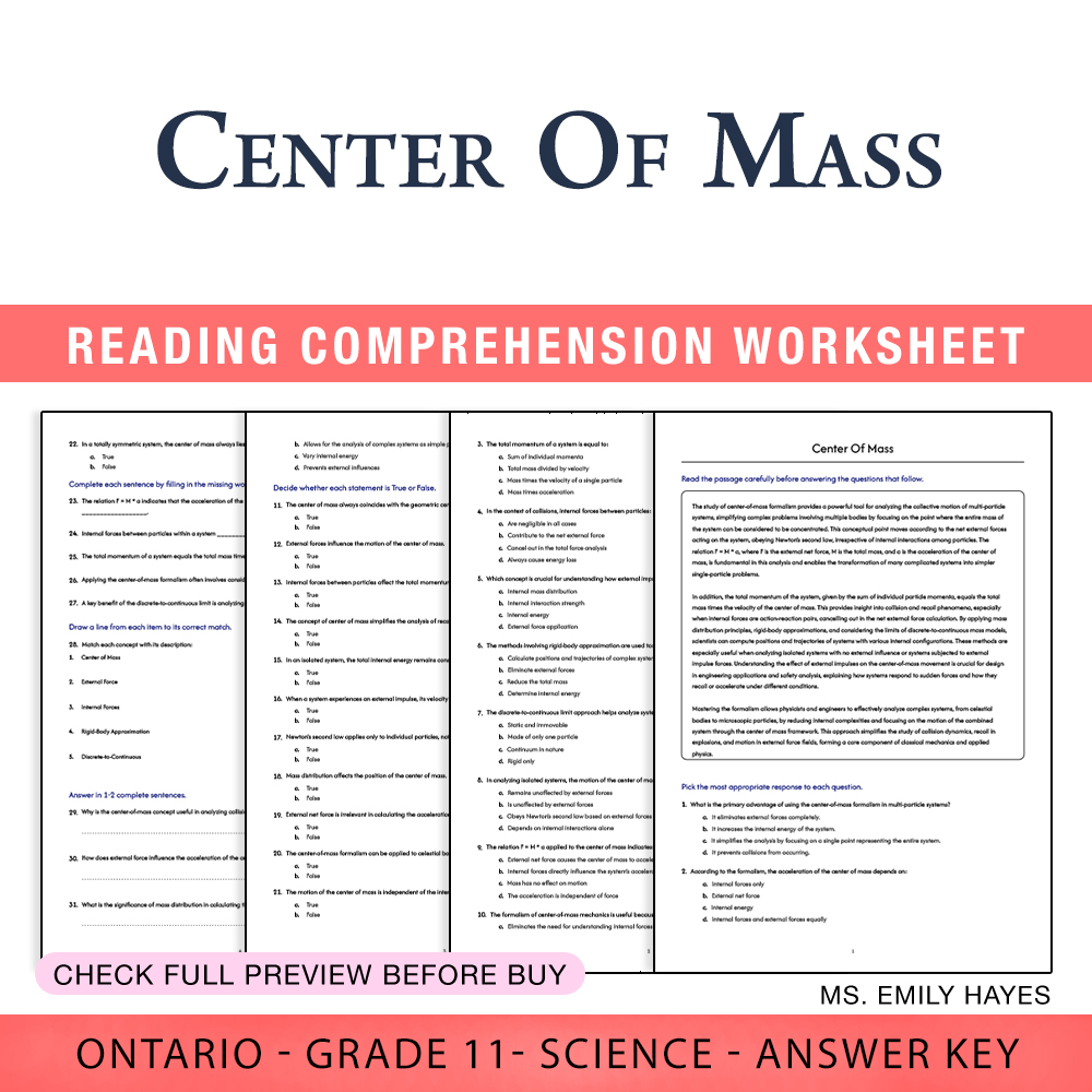 Grade 11 Science worksheet worksheet — 11th Grade Science | Center of Mass Worksheet (PDF + Answer Key) — page 1