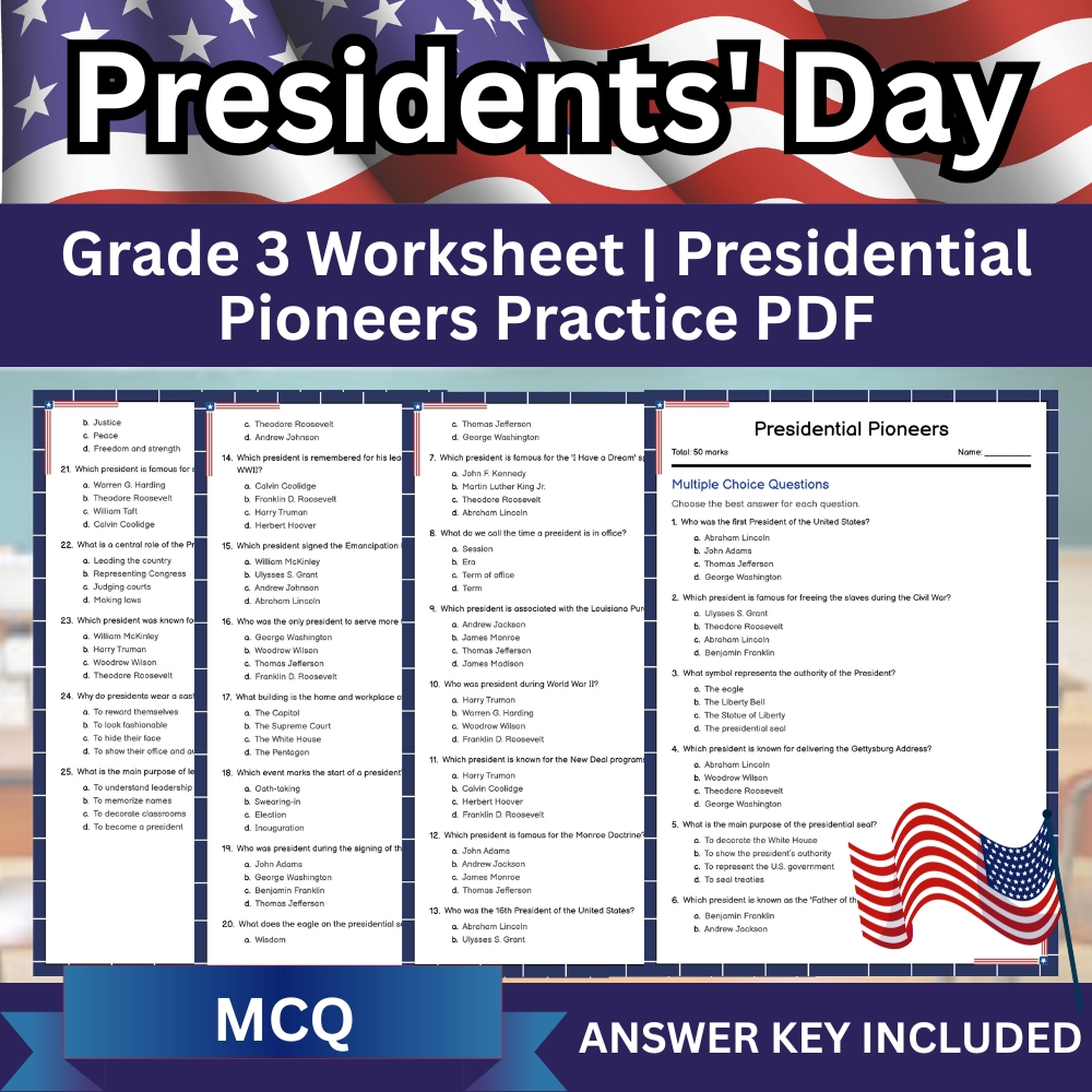 Grade 3 Seasonal Worksheet | Presidential Pioneers Multiple Choice Quiz (PDF)
