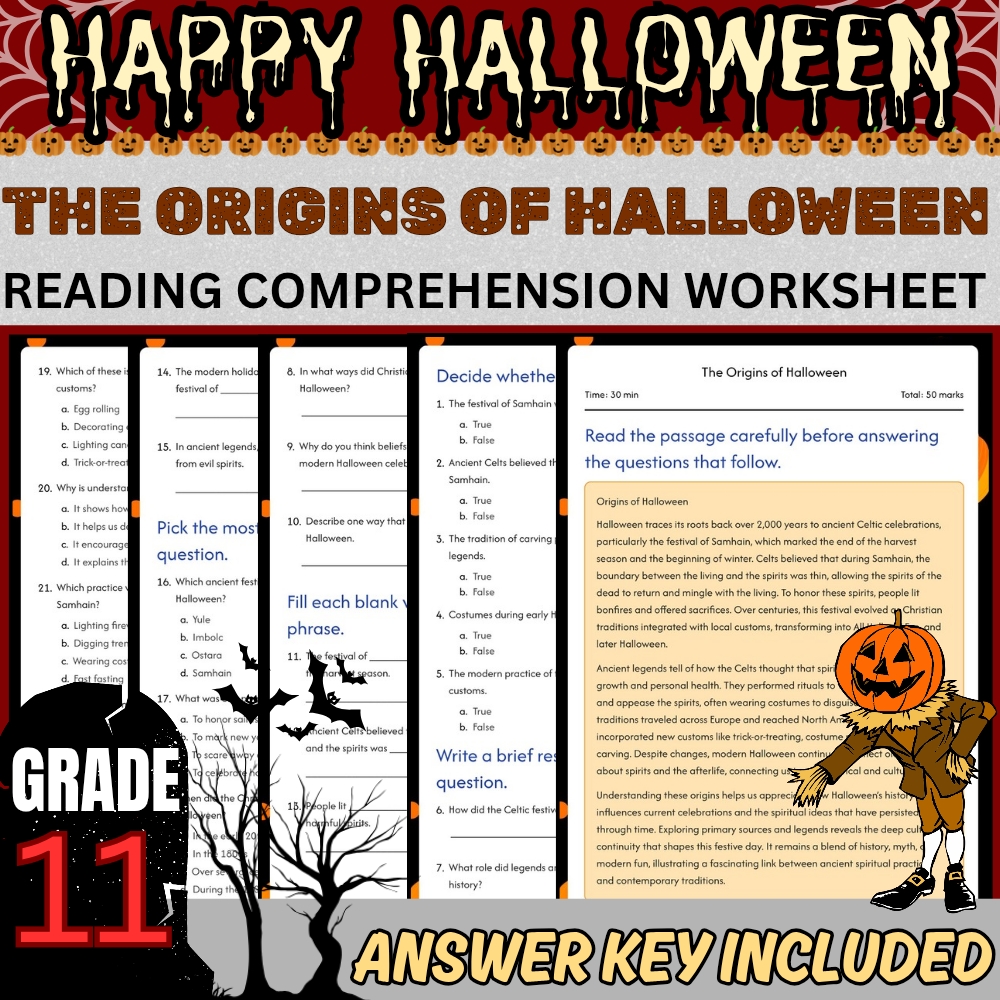 Grade 11 Seasonal halloween day worksheet — Grade 11 Seasonal Halloween Day Worksheet for Halloween Origins|PDF + Answer K…