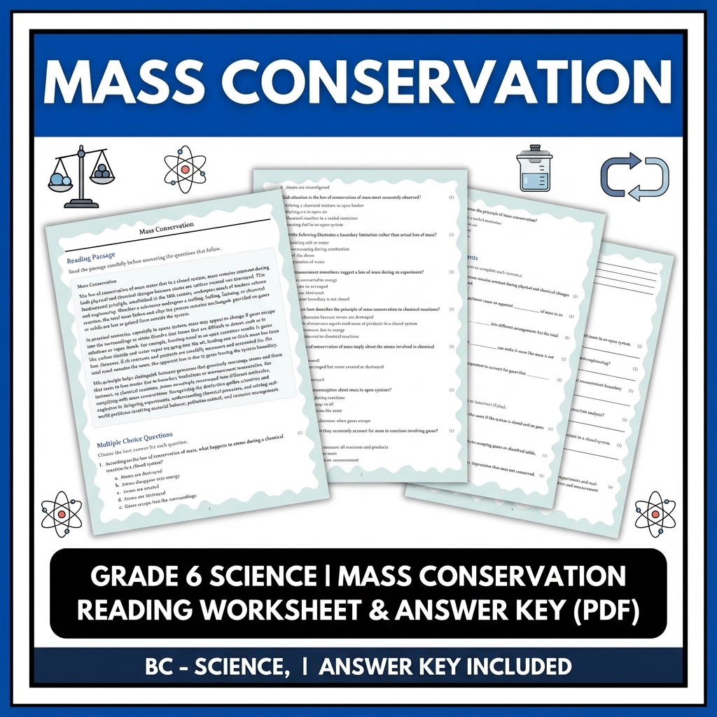 Grade 6 Science | Mass Conservation Reading Worksheet & Answer Key (PDF)