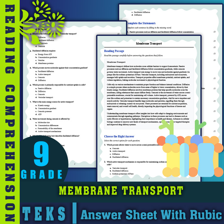 Grade 9 Science reading worksheets worksheet — Grade 9 Science | Membrane Transport Reading Worksheet (PDF + Rubric) — page 1
