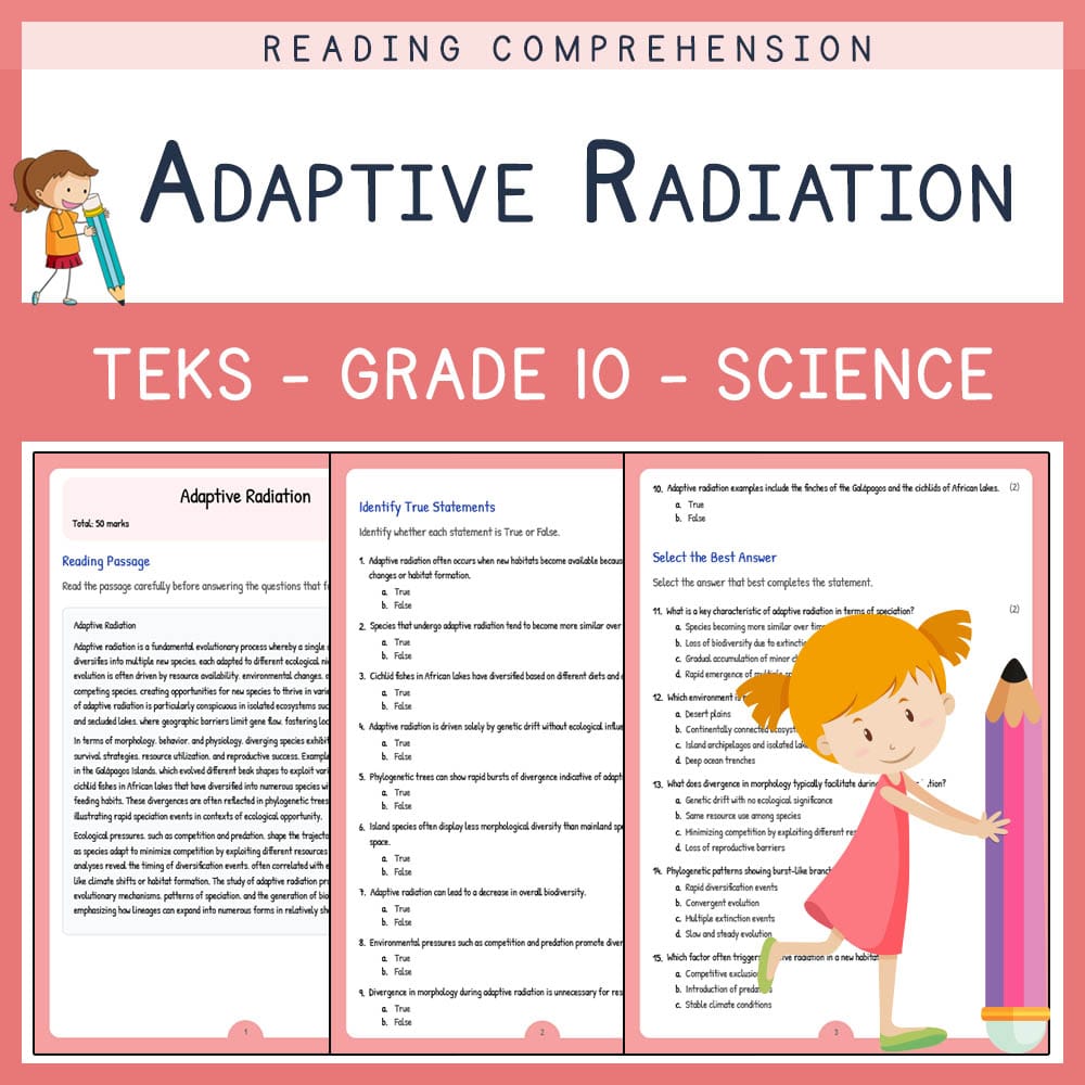 Grade 10 Science worksheet elena worksheet — Grade 10 Science | Adaptive Radiation Worksheet | TEKS-Aligned — page 1