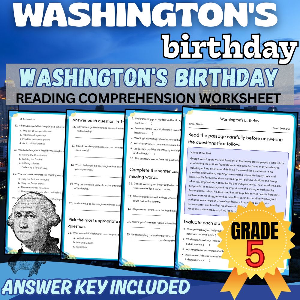 Grade 5 | Washington's Birthday Worksheet for Mastery | PDF + Answer Key
