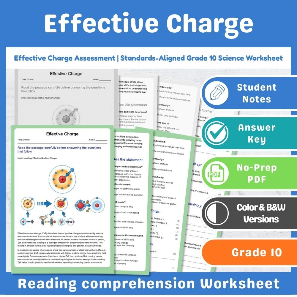 Grade 10 Science assessment worksheet — Effective Charge Assessment | Standards-Aligned Grade 10 Science Worksheet — page 1