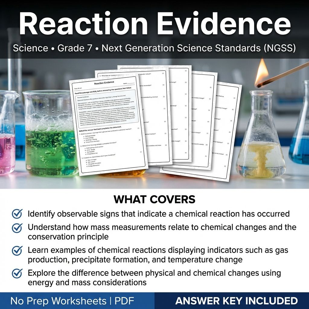 Grade 7 Science worksheet — 7th Grade Science | Reaction Evidence Worksheet & Answer Key (Printable PDF)