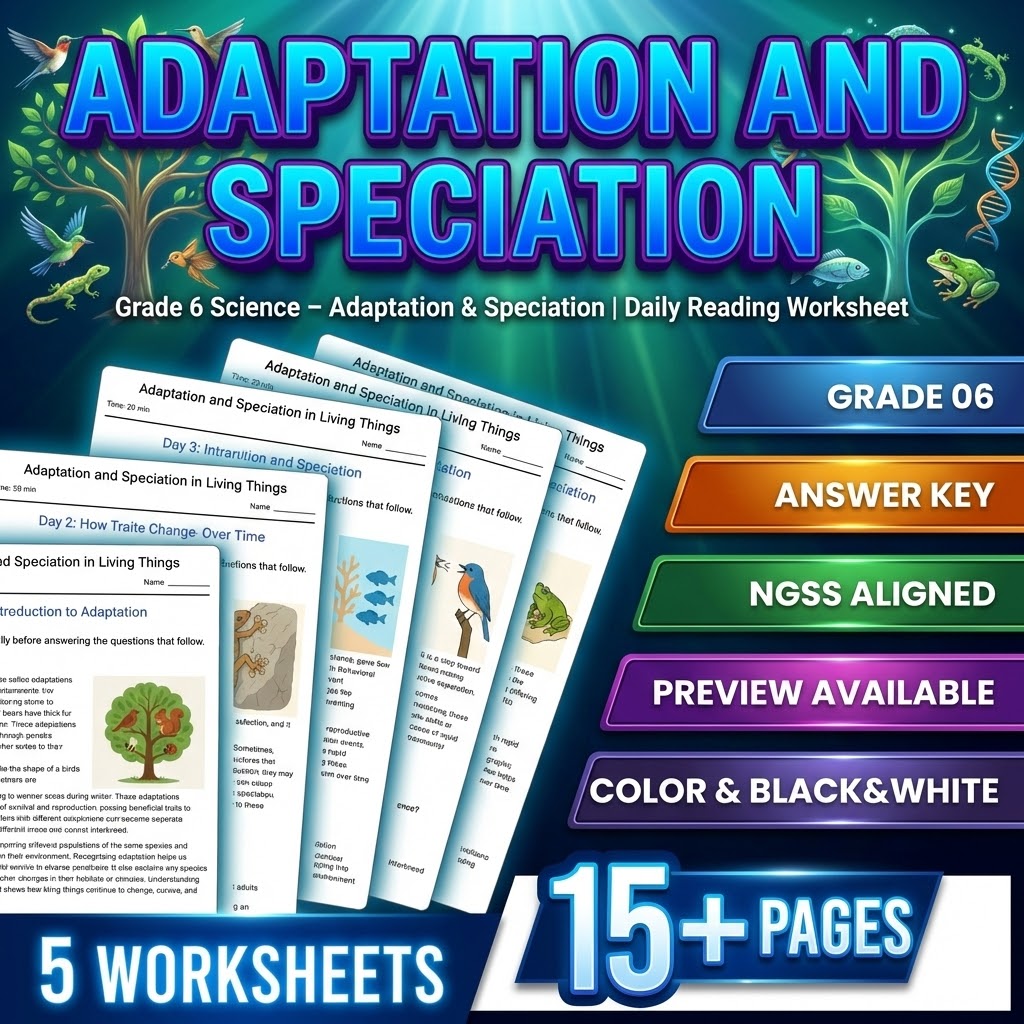 Grade 6 Science daily reading worksheet — Grade 6 Science – Adaptation & Speciation | Daily Reading Worksheet