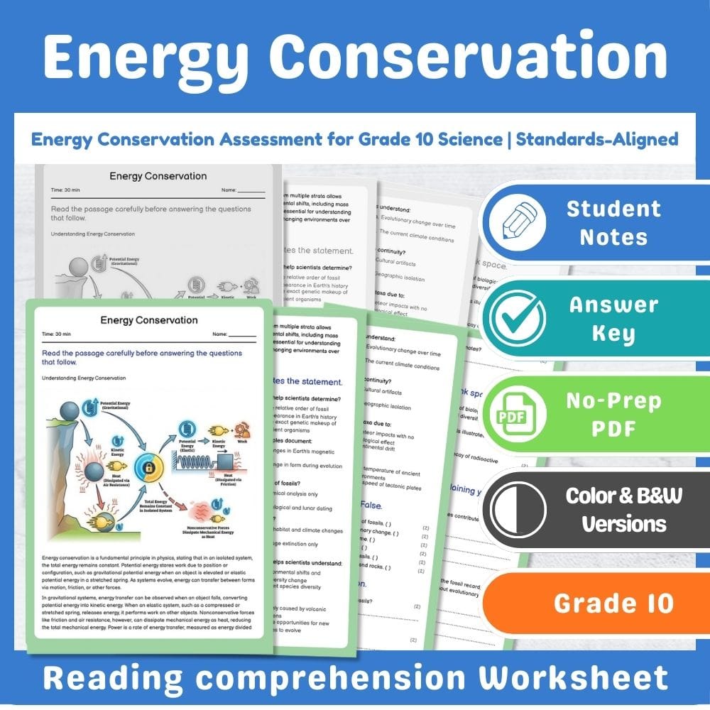 Grade 10 Science assessment worksheet — Energy Conservation Assessment for Grade 10 Science | Standards-Aligned — page 1