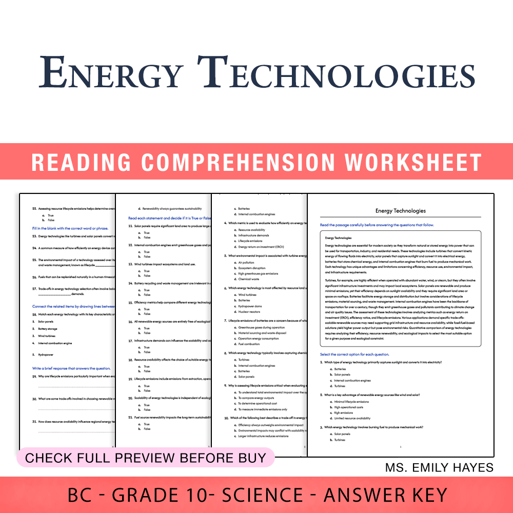 Grade 10 Science worksheet worksheet — Grade 10 Science | Energy Technologies Worksheet (PDF + Answer Key) — page 1