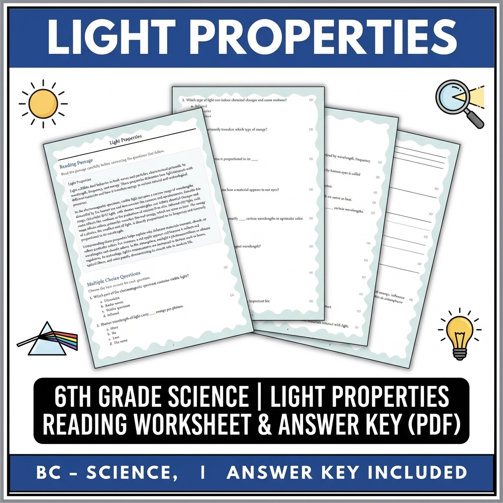 6th Grade Science | Light Properties Reading Worksheet & Answer Key (PDF)