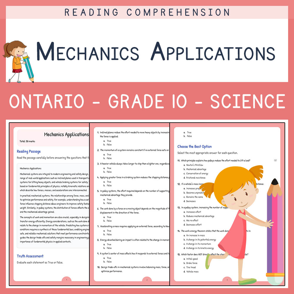 Grade 10 Science worksheet elena worksheet — Grade 10 Science | Mechanics Applications Worksheet | Ontario Standards — page 1