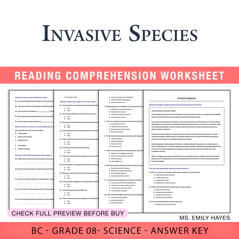 Grade 8 Science worksheet worksheet — 8th Grade Science | Invasive Species Worksheet (PDF+ Answer Key) — page 1