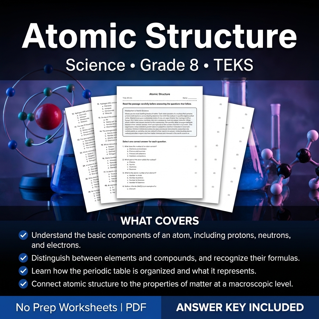 Grade 8 Science Worksheet on Atomic Structure | TEKS Aligned Practice