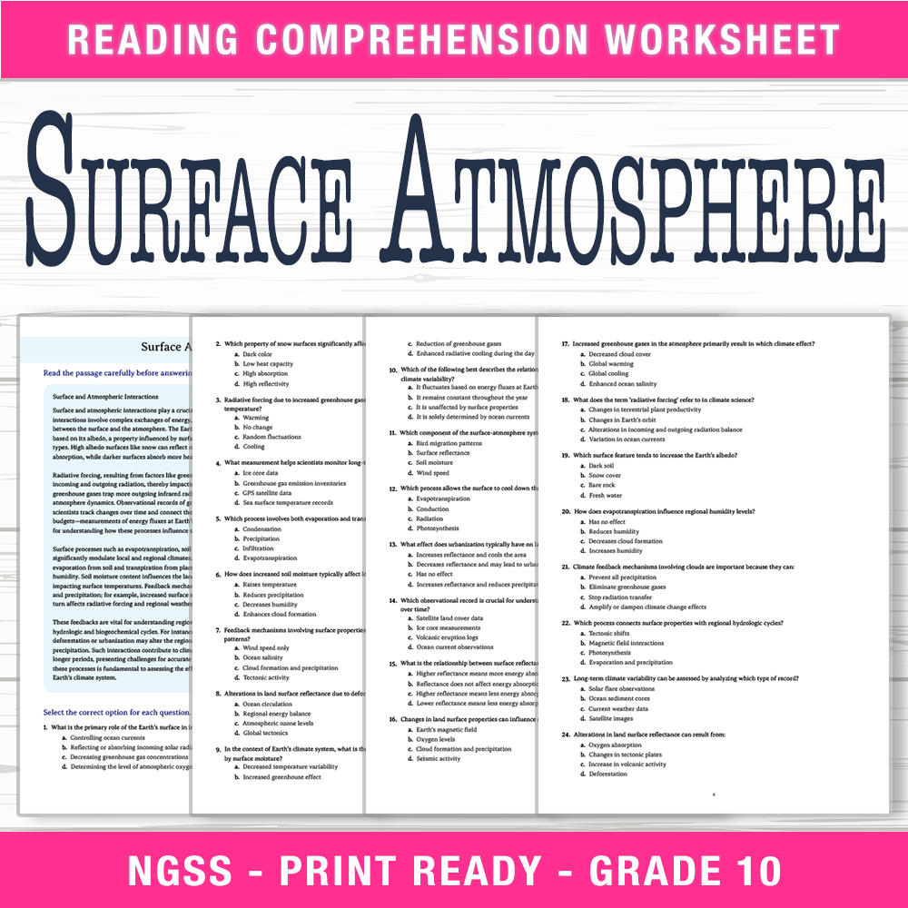 Grade 10 Science worksheet worksheet — Grade 10 Science | Surface Atmosphere Worksheet (PDF + Answer Key) — page 1