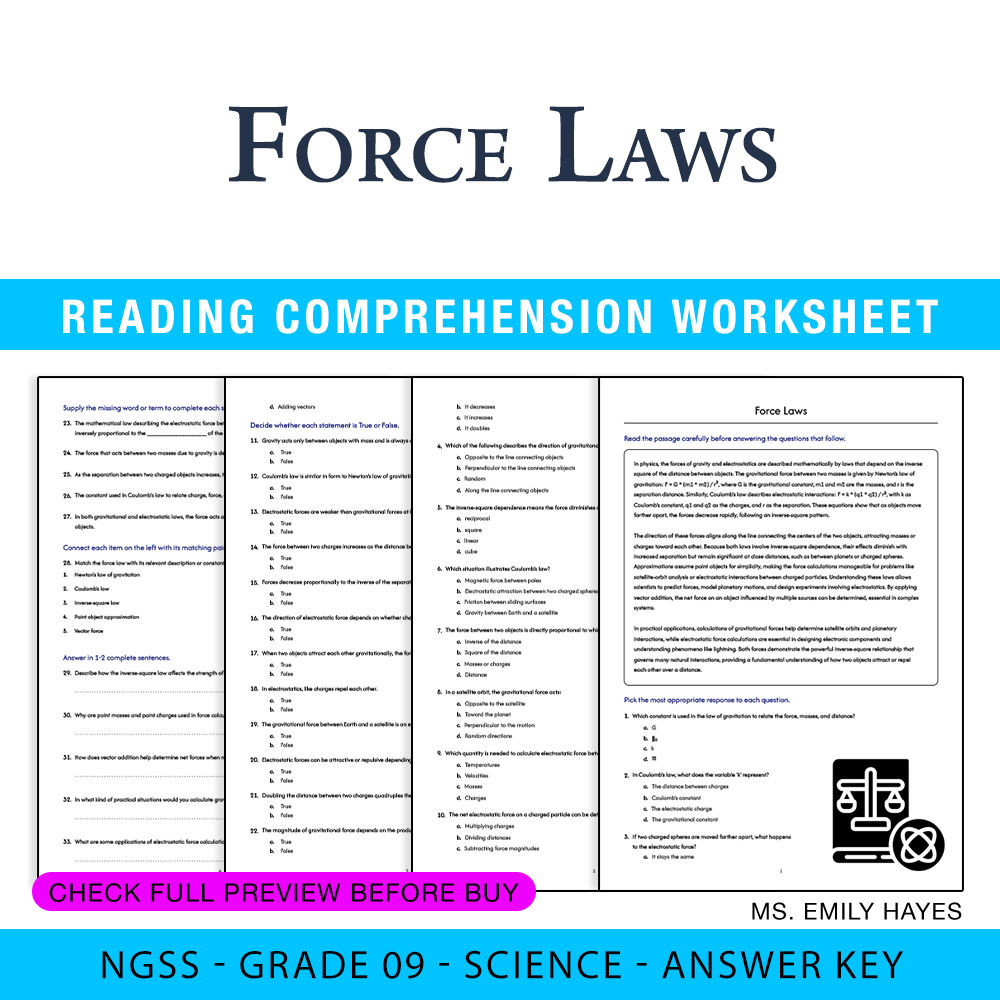 Grade 9 Science worksheet — 9th Grade Science | Force Laws Worksheet (PDF+ Answer Key) — page 1