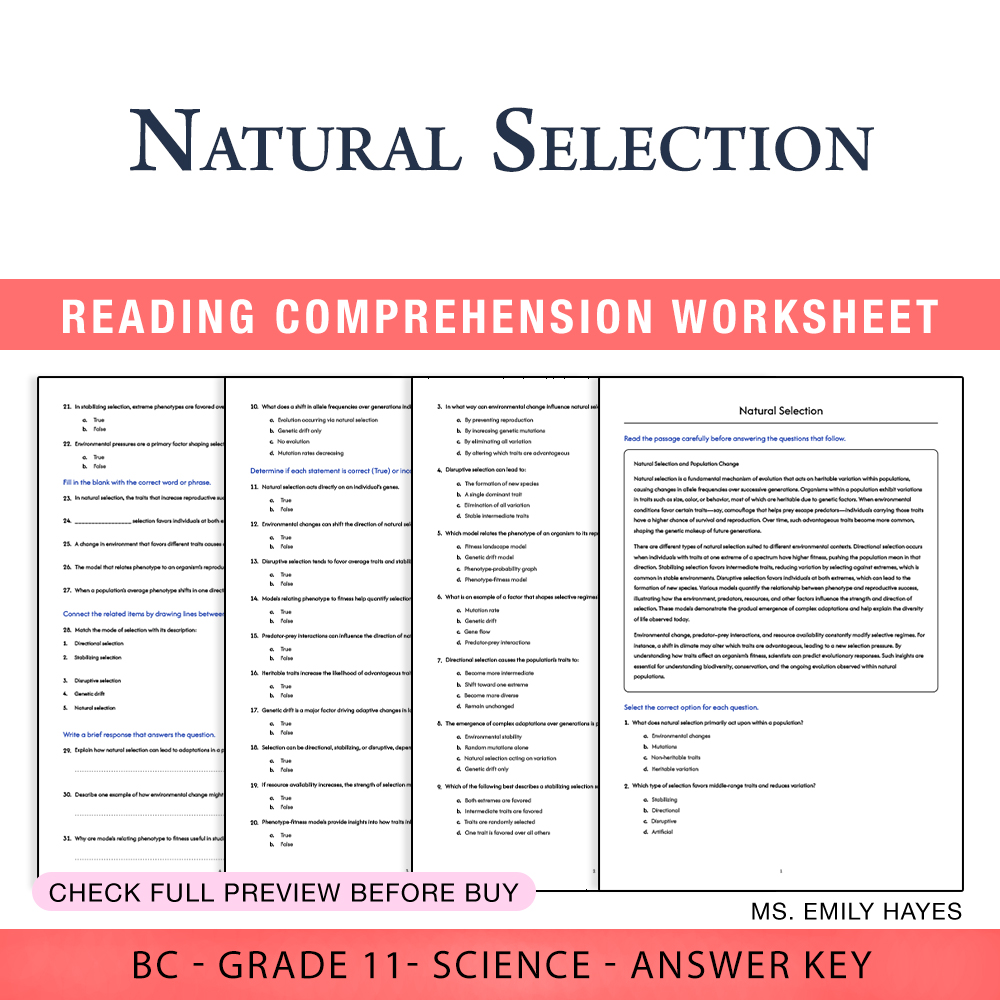 Grade 11 Science worksheet worksheet — Grade 11 Science | Natural Selection Worksheet (PDF + Answer Key) — page 1