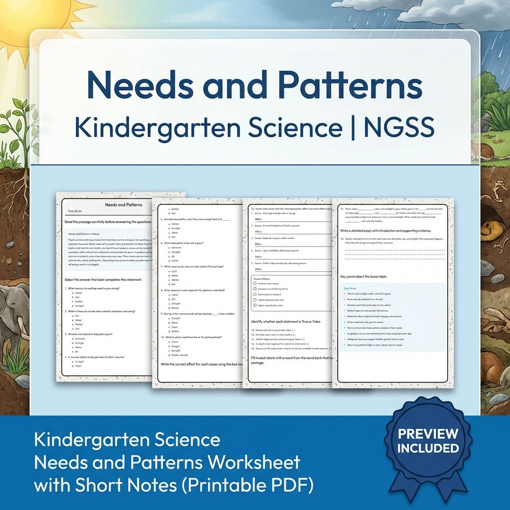 Kindergarten Science Needs and Patterns Worksheet with Short Notes (PDF)