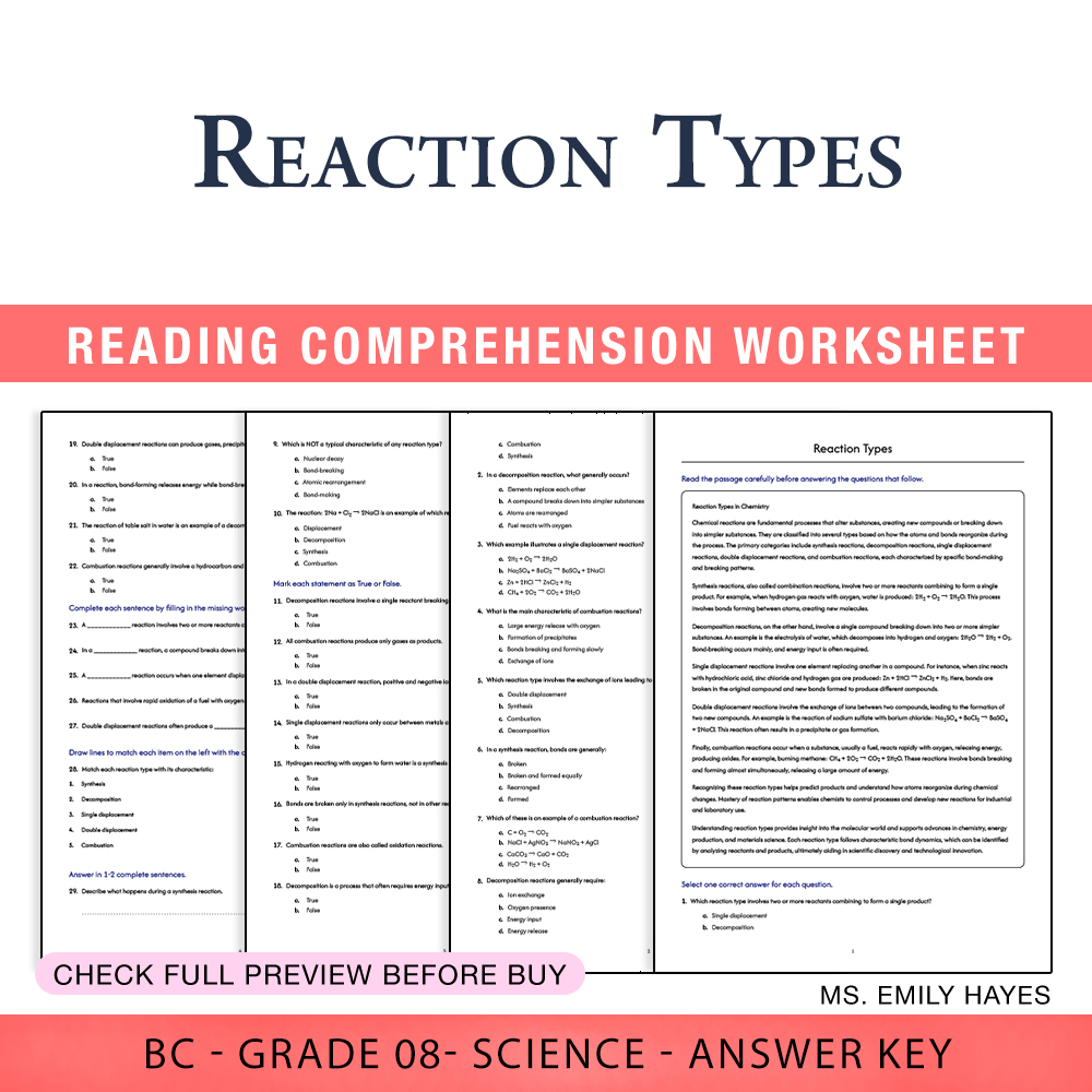 Grade 8 Science worksheet worksheet — 8th Grade Science | Reaction Types Worksheet (PDF+ Answer Key) — page 1