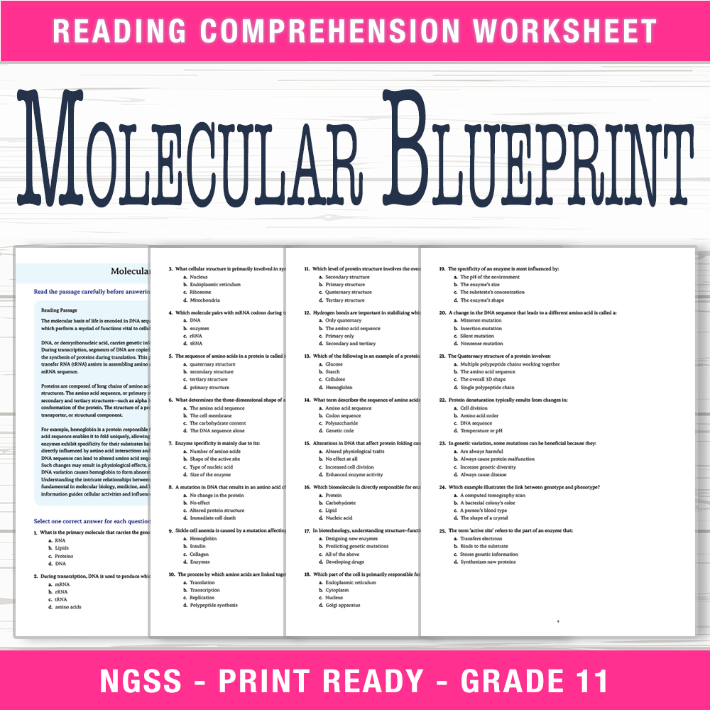 Grade 11 Science worksheet worksheet — Grade 11 Science | Molecular Blueprint Worksheet (PDF + Answer Key) — page 1