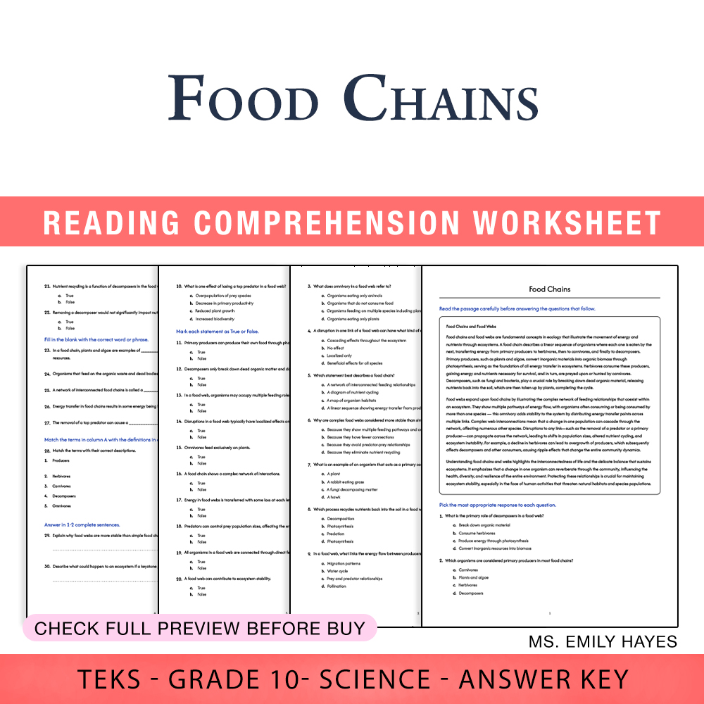 Grade 10 Science worksheet worksheet — 10th Grade Science | Food Chains & Food Webs Worksheet (PDF + Answer Key) — page 1