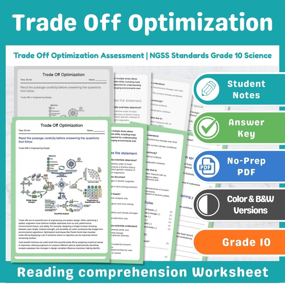 Grade 10 Science assessment worksheet — Trade Off Optimization Assessment | NGSS Standards Grade 10 Science