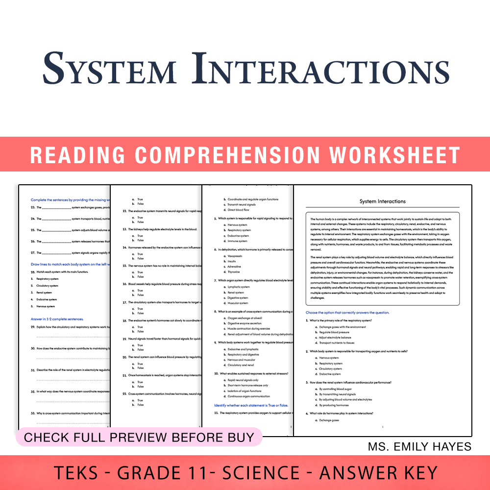 Grade 11 Science worksheet worksheet — 11th Grade Science | System Interactions Worksheet (PDF+ Answer Key) — page 1