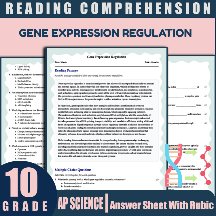 Grade 10 Science reading worksheets worksheet — 10th Grade Science | Gene Expression Regulation Reading Worksheet — page 1